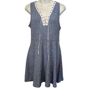 French Atmosphere Y2K Womens Ribbed Babydoll V-Neck Lace Up Dress Knit Blue sz L